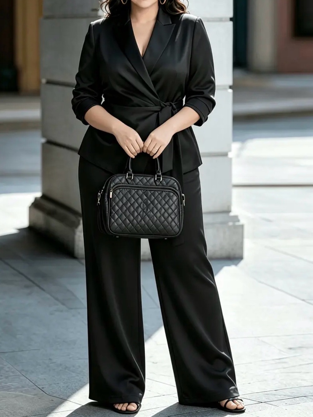 Zanzea Black Wrap Blazer and Wide-Leg Pants Set